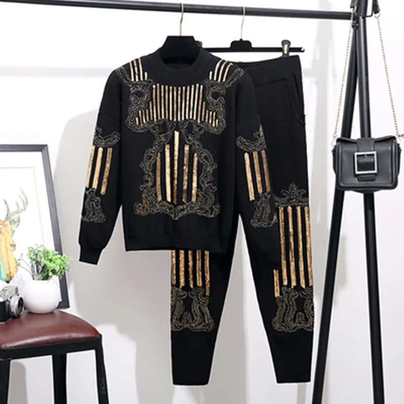 2019 Gold Sequins Knit Set Women Autumn Beading Embroid Two Pieces Pantalon Set Casual Sweater winter Capris Conjunto Feminino