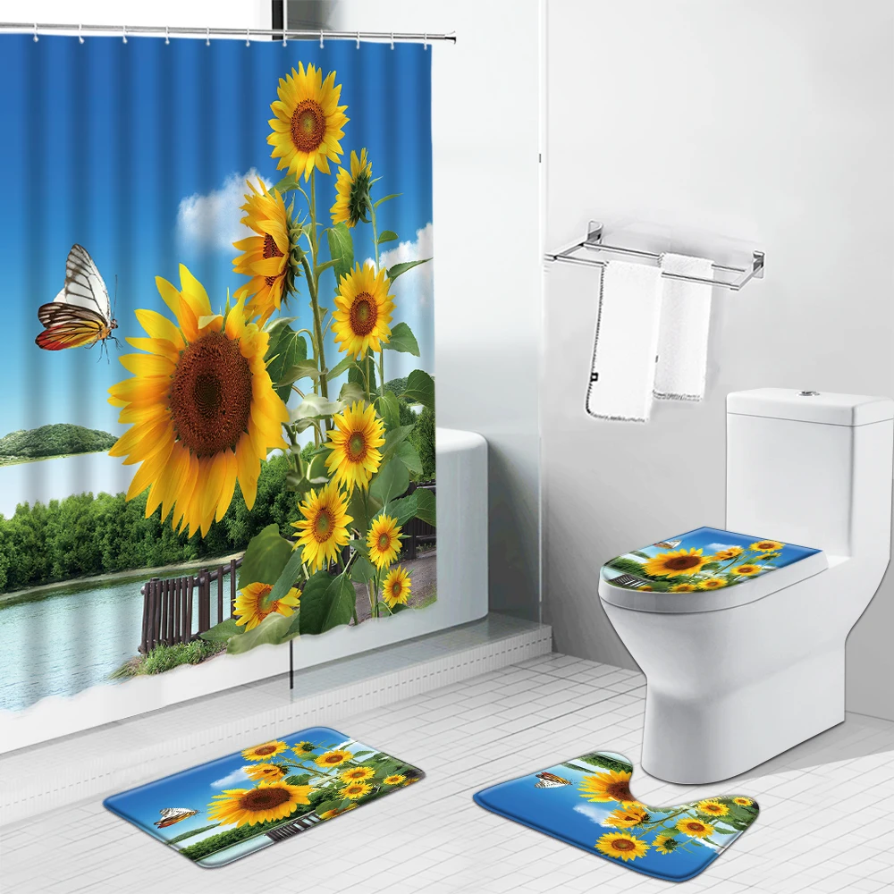 Beste Zonnebloem Bloem Landschap Douchegordijn Cactus Paardebloem Tulp Vlinder Anti-Slip Tapijt Wc Deksel Cover Mat Badkamer Gordijn Set