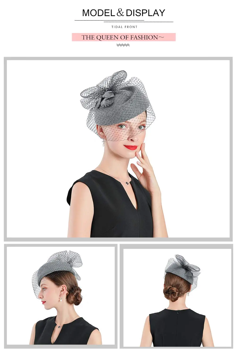 Fedoras Wool Leaf Hat Gray Fascinator For Women Elegant Church Wedding With Veil Cap Cocktail Tea Party Hair Clip Hat Girls