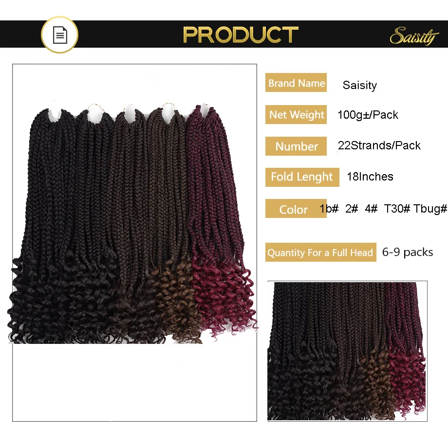 

Saisity 18" 22 strands Extensions Box Braids With Curly Ends Low Temperature Fiber Synthetic Crotchet Braiding Hair