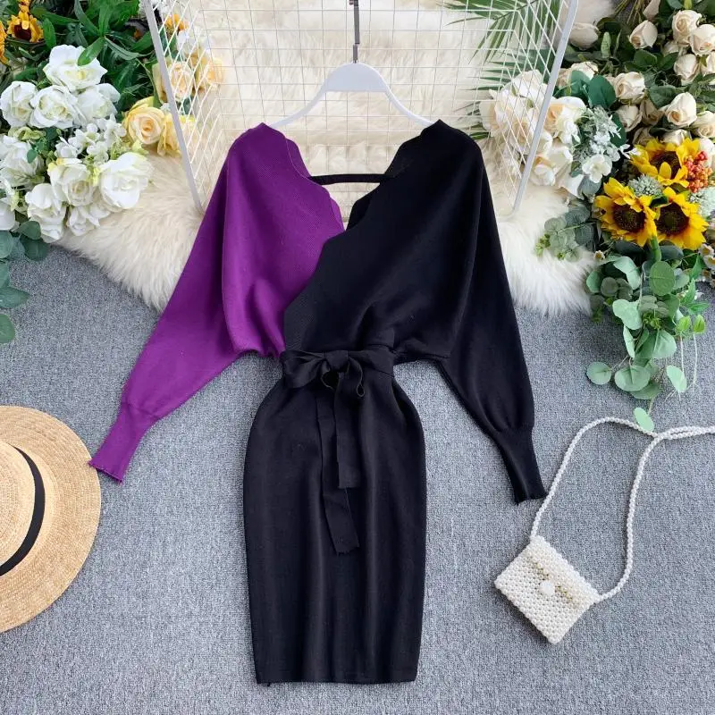

Women 2020 Sexy Backless Autumn Long Sleeve Sweater DressElegant Sashes V Neck Knit Dress Ladies Bodycon Short Dress