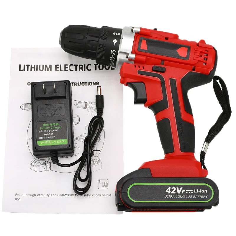 

42V 110-240V Electric Drill Cordless Screwdriver Lithium Battery LED Light Mini DIY Wireless Power Driver 2-Speed Power Tools