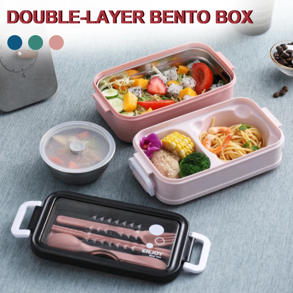 lunch box stainless steel 2 layer leak proof bento box lunch container with phone holder food storage box for kids office worker free global shipping