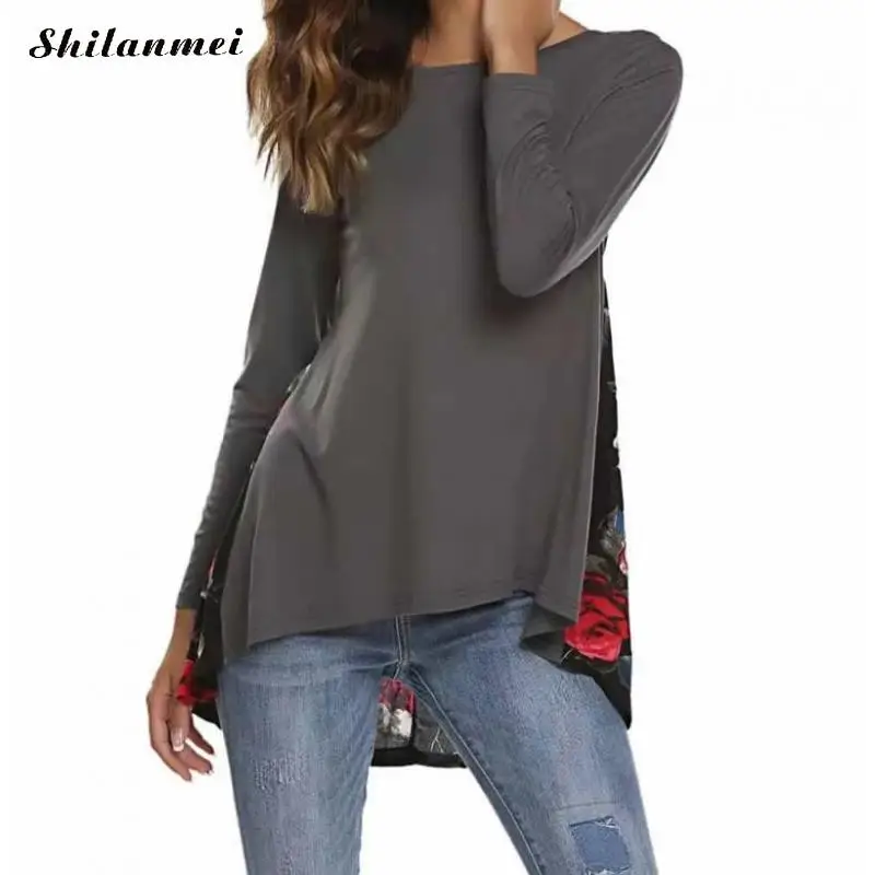 

Винтажная футболка с длинным рукавом, женские осенние асимметричные цветочные женские футболки 2019, длинные стильные повседневные свободны...