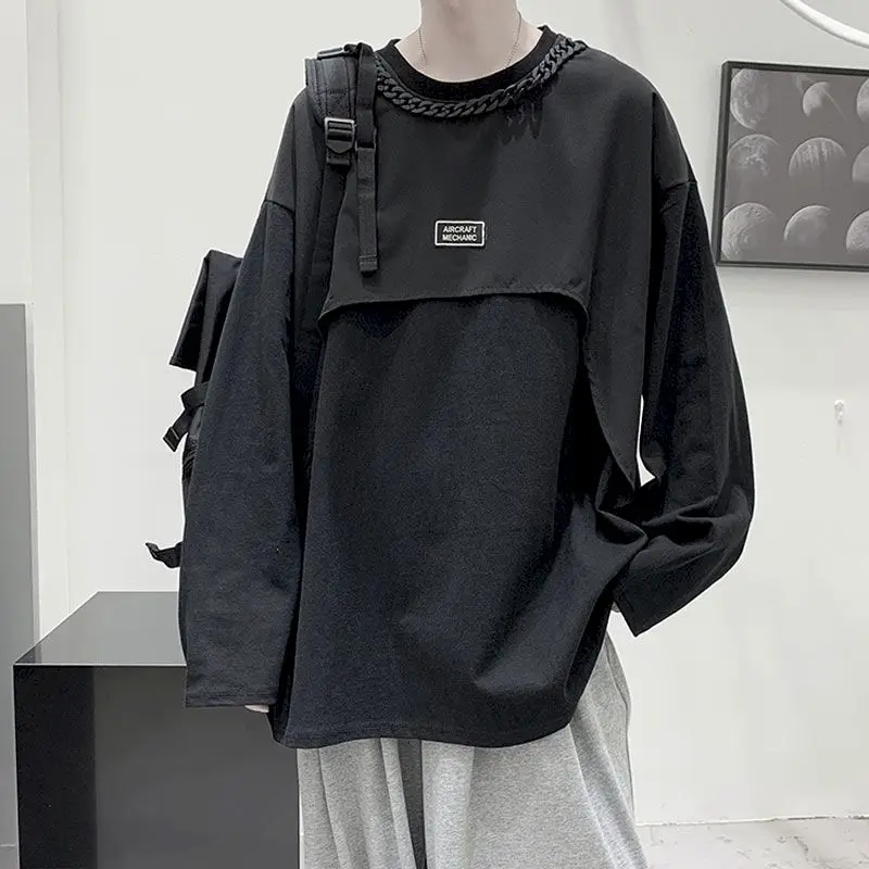 

Поддельная футболка в стиле хип-хоп из двух частей с длинным рукавом и ожерельем для мужчин и женщин на весну и осень темная Свободная Повсе...