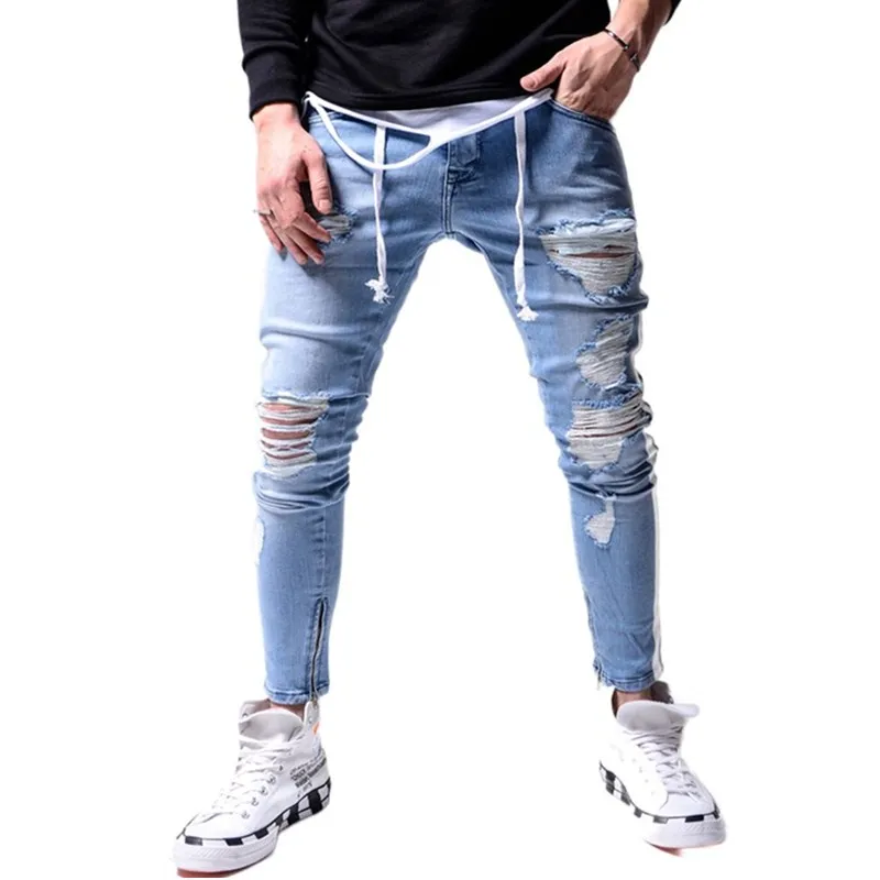 

Blue Grey Tight Ripped Jeans Men Slim Foot Zipper Side Stripe Denim Male Stretchy Lace-Up Pencil Pants Street Knee Hole Trousers