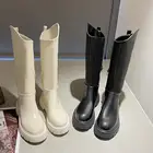 Женские зимние ботинки, зимние теплые длинные женские кожаные ботинки В рыцарском стиле, на молнии, 2022, с круглым носком, на квадратном каблуке, женские ботинки