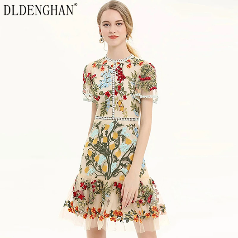 

DLDENGHAN Bohemian Floral Embroidery Summer Mesh Dress Female O-Neck Short Sleeve Elegant High Waist Dresses Fashion New