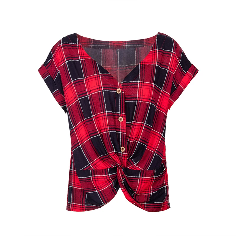 

Summer Women's Shirt Vintage Short Sleeve V-neck Plaid Blouses Woman Blusas Mujer De Moda 2021 Ropa Mujer