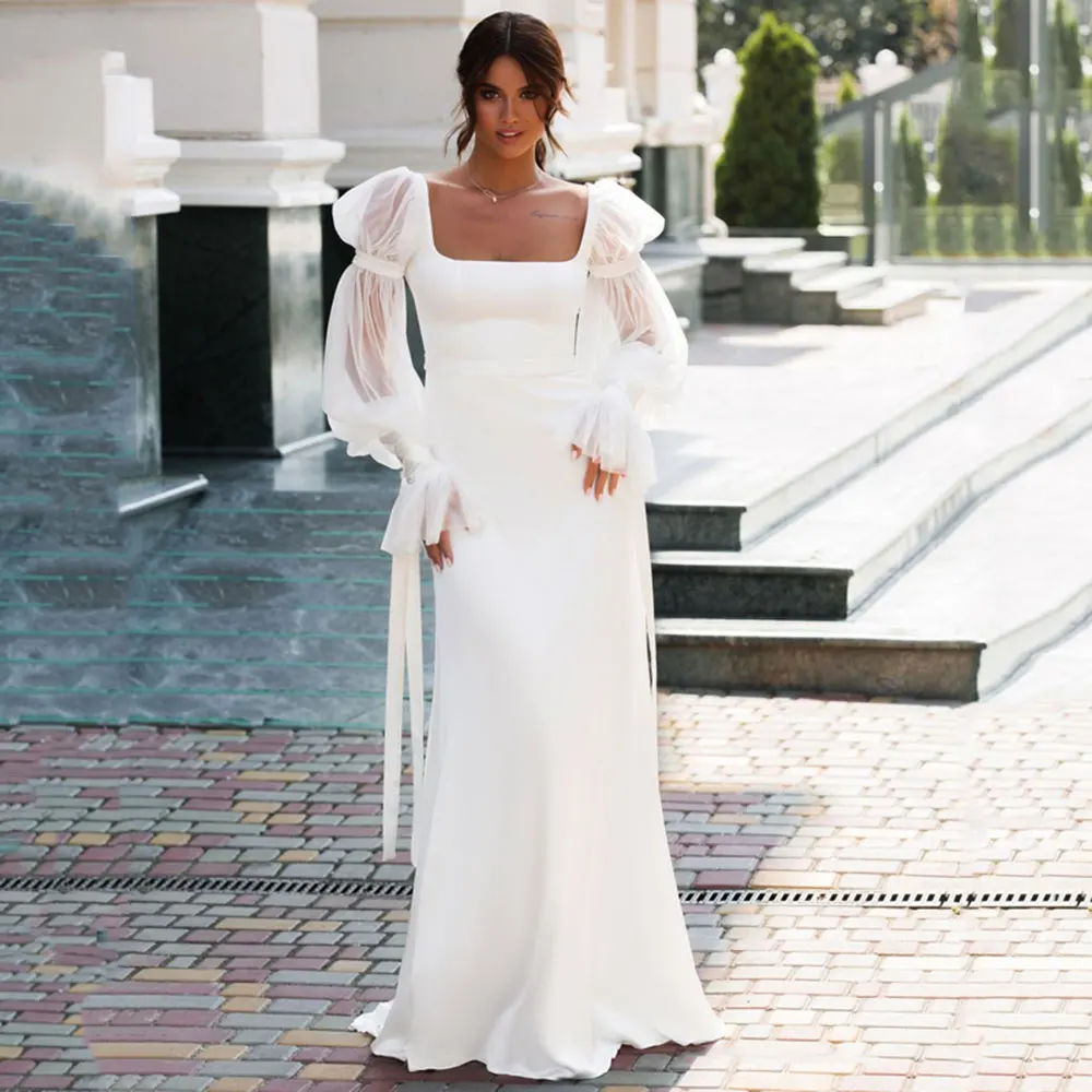 

Женское атласное свадебное платье, элегантное пляжное платье с длинным рукавом-фонариком и квадратным вырезом, платье невесты на заказ, лет...