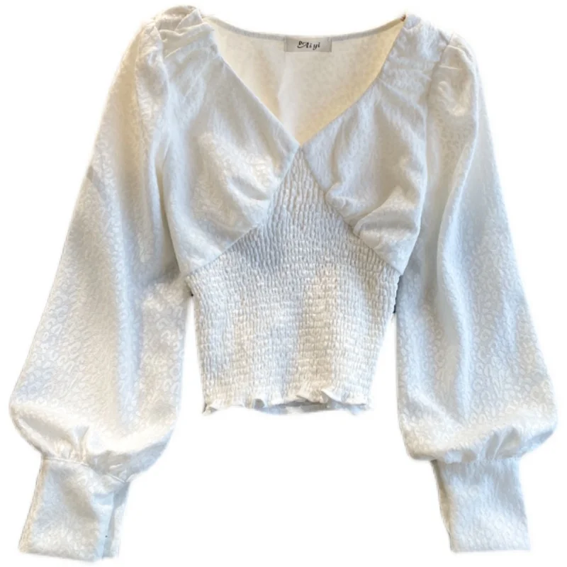 

Spring Fashionable Temperament V-neck Stretch Slim Blouse Female Short Puff Sleeve Blusa All-match Pullover Shirt C398