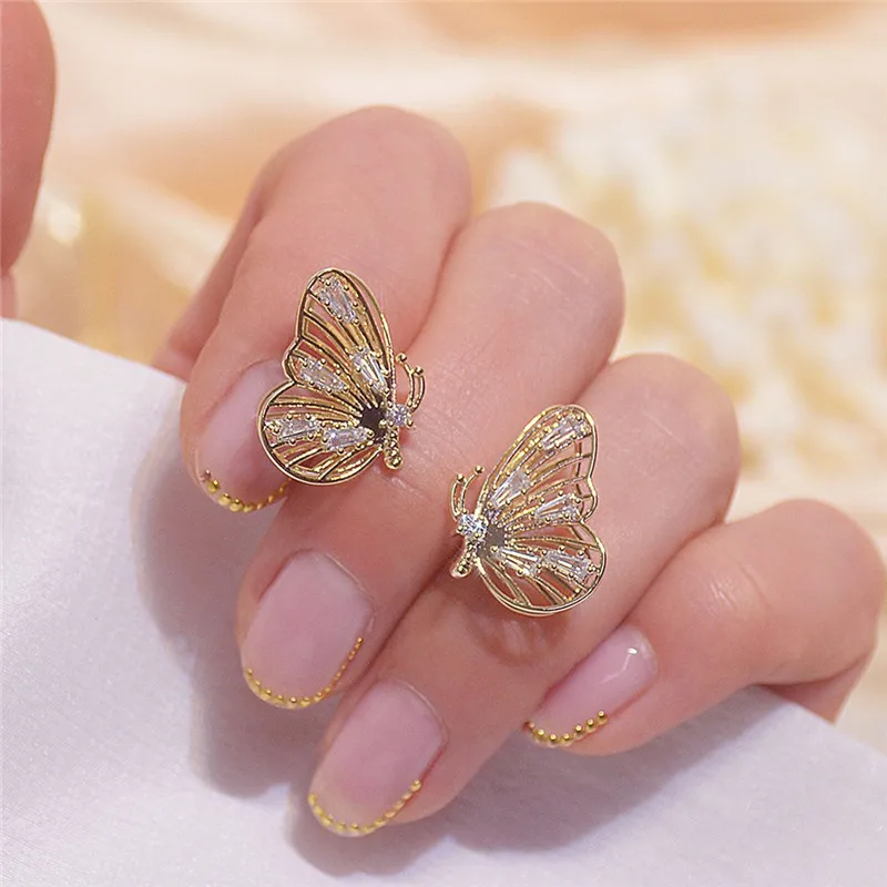 

High Quality 14K Real Gold Three-dimensional Shape of Butterfly Wings Stud Earrings for Women Cubic Zircon ZC Earrings