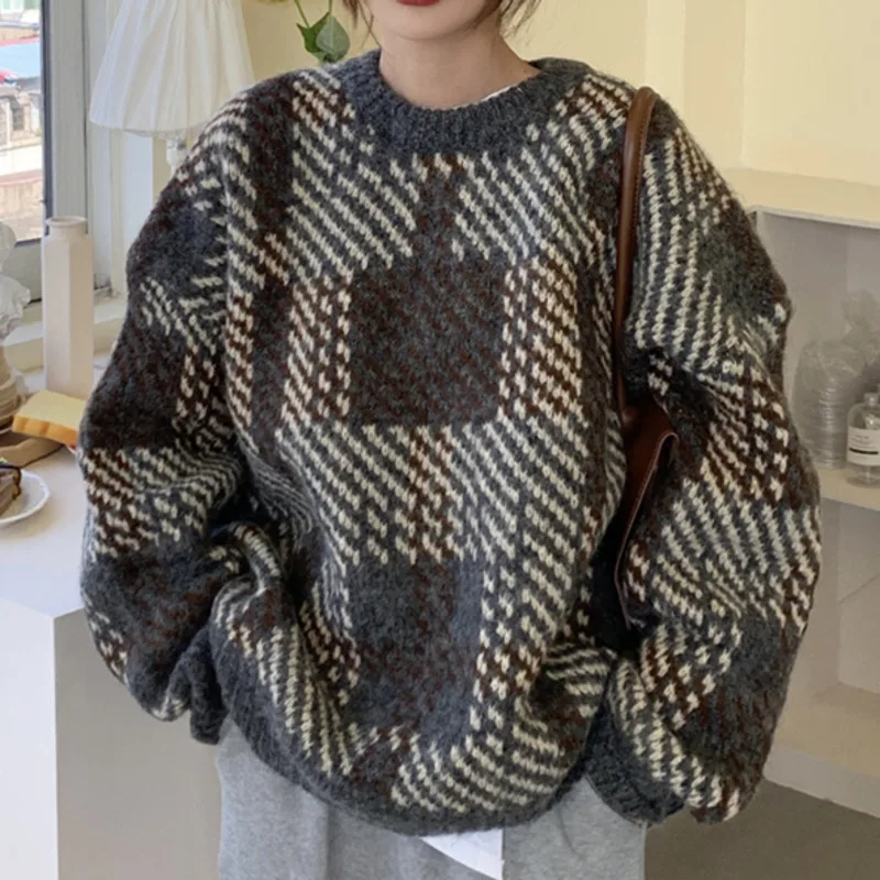 

Свитер женский весенний 2021 новый корейский Клетчатый контрастный утепленный Свободный пуловер с длинным рукавом свитер Топ