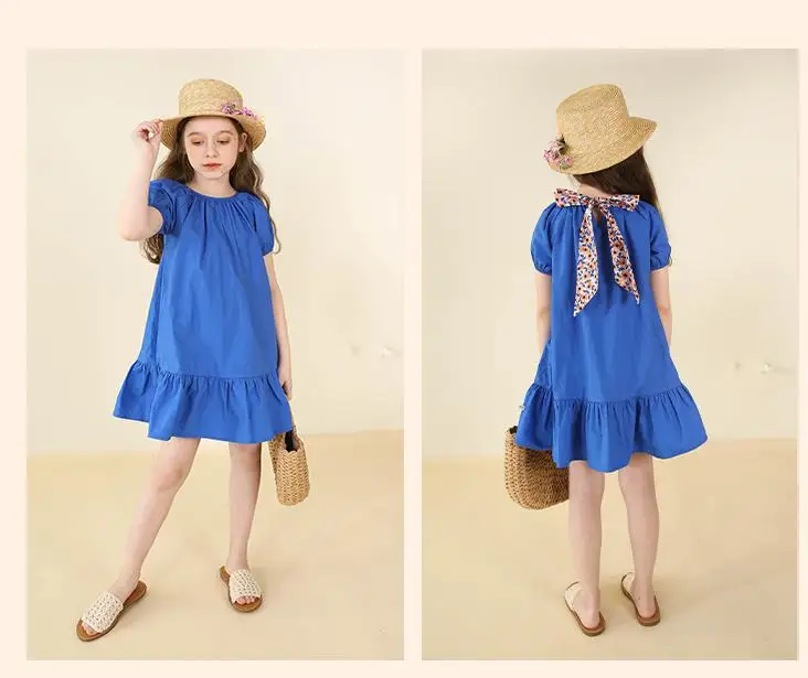

Cute Princess Dress For Girl Fashion Puff Sleeve Loose Gowns With Bow Summer Children Casual Ruffles Dresses 2 -12 Years
