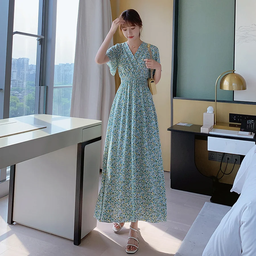 2021 летняя мода зеленый принт шифоновое пляжное Открытое платье без рукавов в