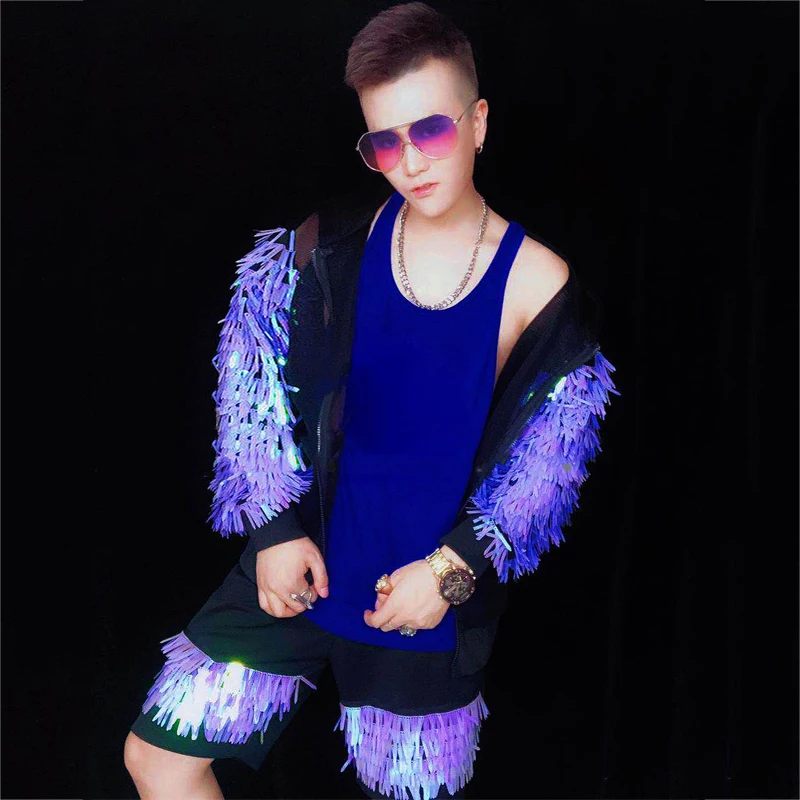 Костюм для мужчин Symphony Blue Purple Tassel с блестками, с курткой на сетке, шортами, одеждой для танцев хип-хоп, нарядом для рейва и клубной ночи Gogo в стиле XS2657.