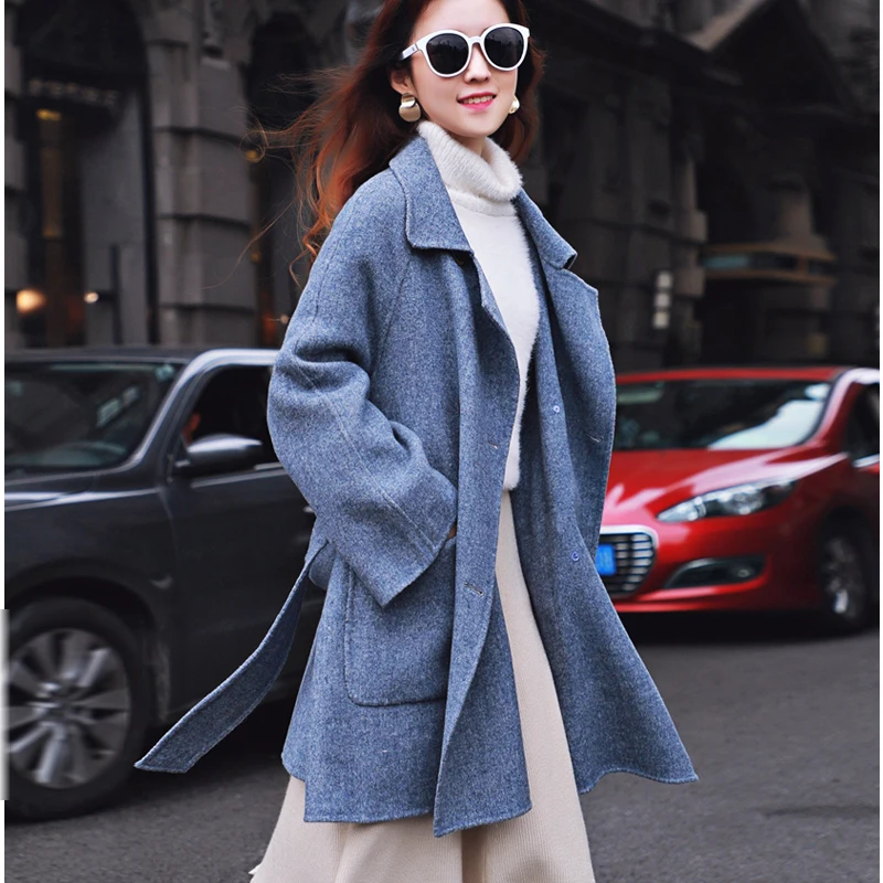 2020 Wool Coat Women High Street Turn-down Collar 3 Colors Female Winter Outwear Cashmere Coats with Sashes