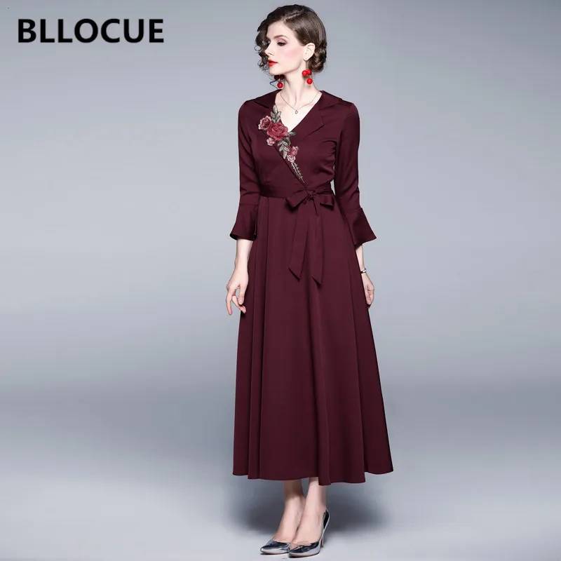 

BLLOCUE модное платье с расклешенным рукавом длинное платье 2019 Осенняя женская обувь с цветочным узором и v-образной горловиной с вышивкой в ви...
