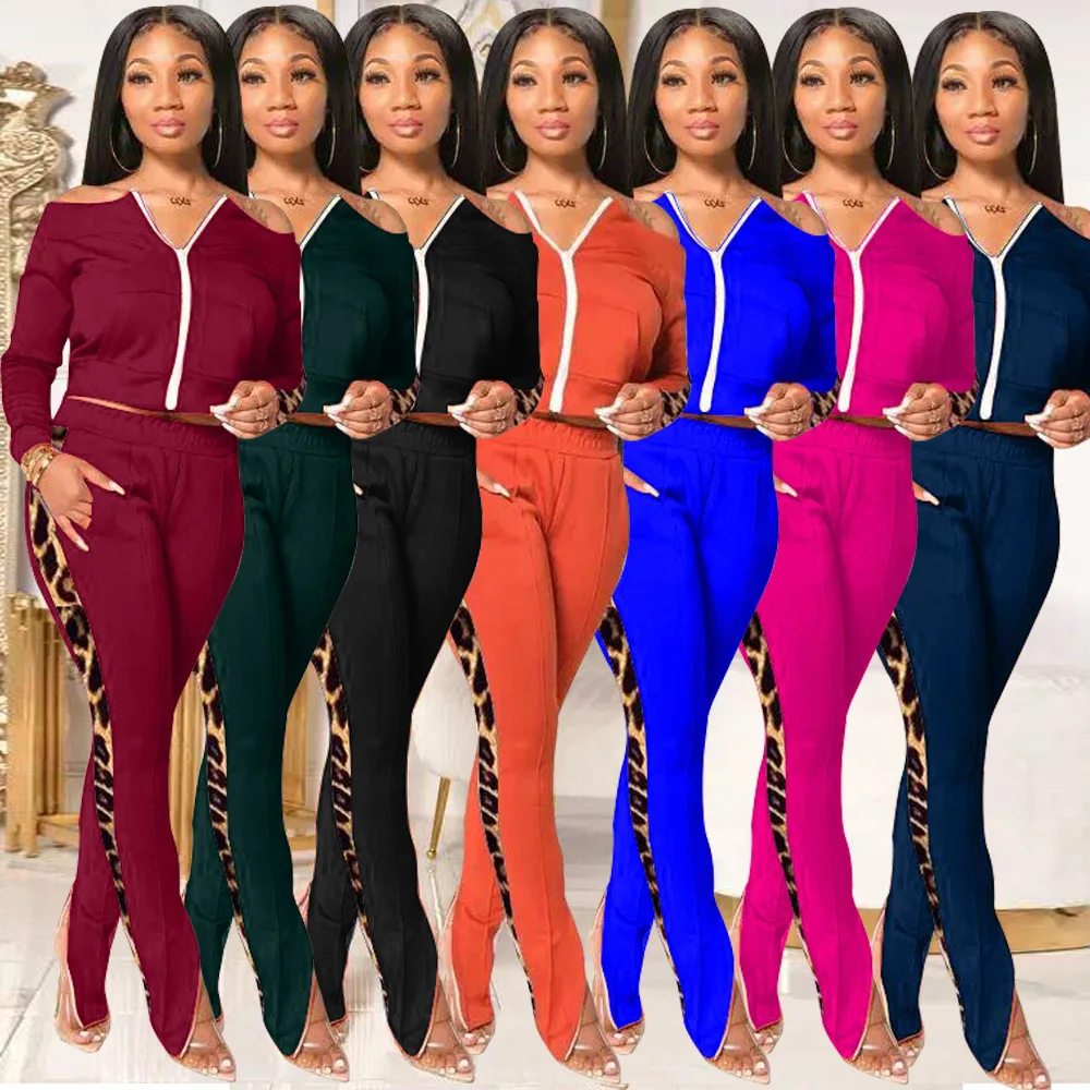 

Casual Women Tracksuit Print Leopard Slash Neck Zipper Coat And Long Pants Matchinng Set Clothes For Women Outfit