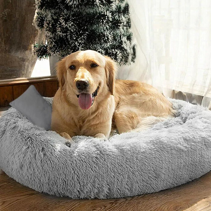 Pets Shag Plush Donut Cuddler Calming Bed Round Plush Cat Dog Mat Sleeping Bed with Pillow E2S