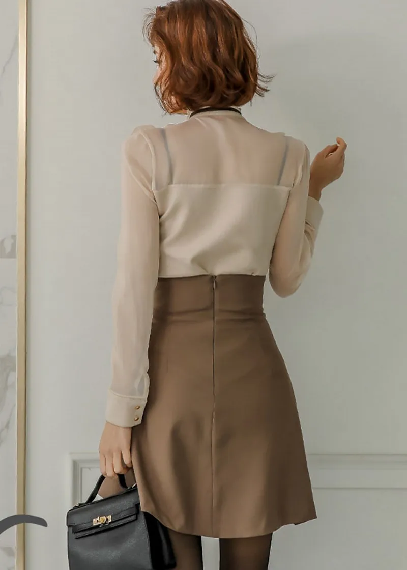 

spring autumn Two Piece Set Women long sleeve Shirt Ruffle Blouse +irregular Fishtail Skirt Suit