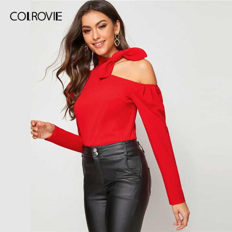 COLROVIE, Красный Асимметричный топ с вырезом и узлом, Женский Топ с пышными рукавами, стильные женские топы, осенние элегантные сексуальные футболки