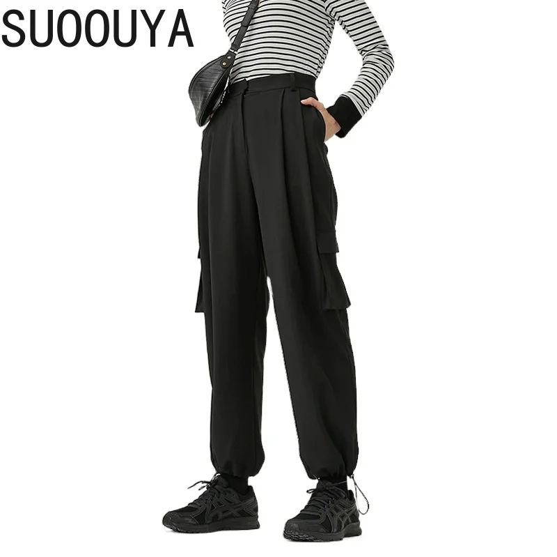 

[SUOOUYA] Women Fashion High Waist Black Pockets Pleated Long Cargo Trousers New Loose Fit Pants Tide Spring Autumn Clothes 2021