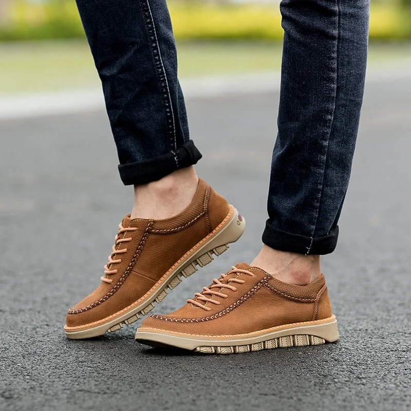 genuine Leather Mens Casual Shoes lace up Resistent Rubber Luxury fashion Man Leisure oxfords For Male shoes | Обувь