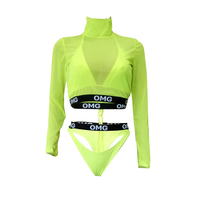 

Three pieces Sexy swimsuit 2019 Letter print swimwear Bathing suit Biquini women Long sleeve mesh crop top See through bikini