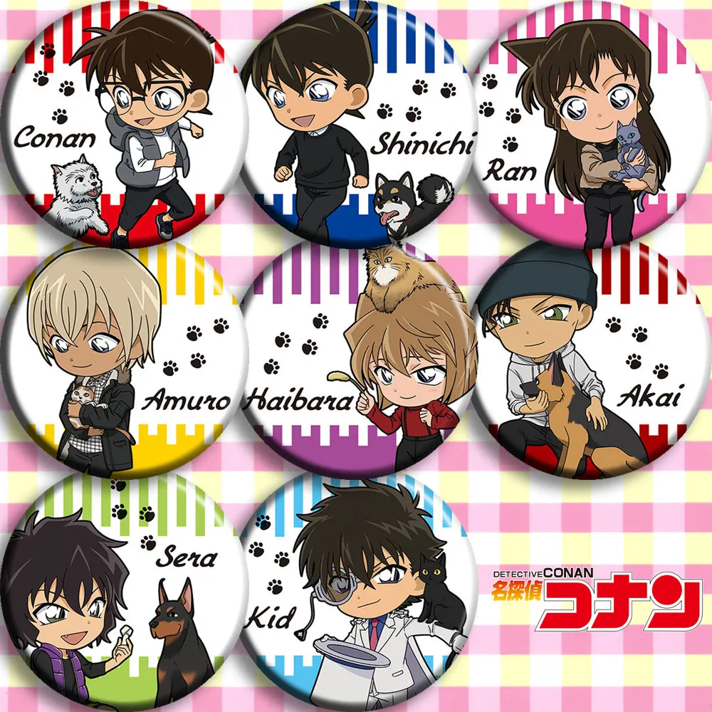 

Case Closed Detective Conan Action Figure Conan Kudou Shinichi Rachel Moore Haibara Furuya Rei 8 Type Anime Tinplate Badge Toys