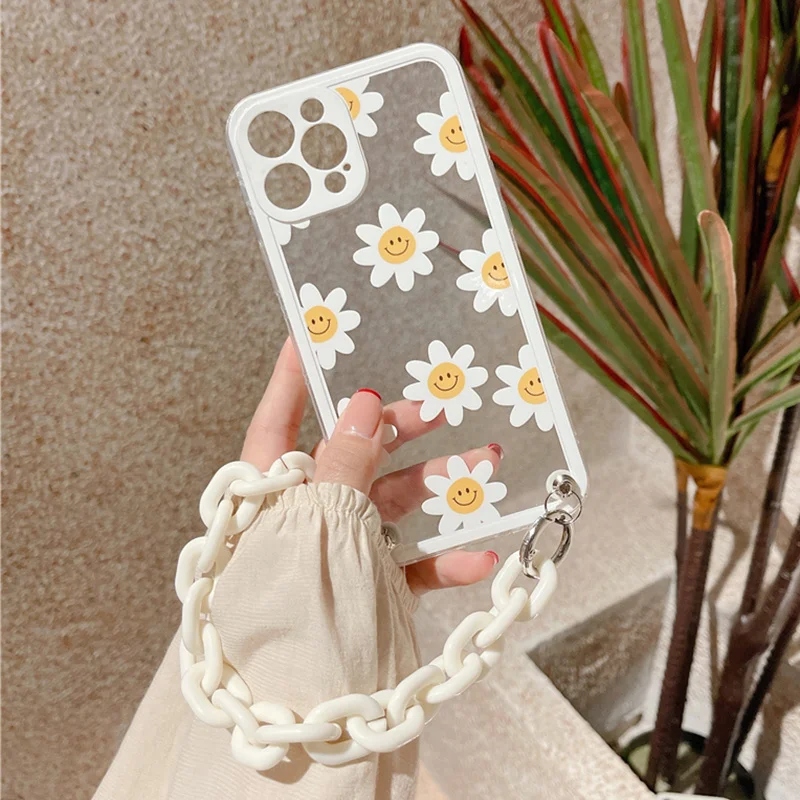 

Cute Daisy Flower Wrist Chain Phone Case For IPhone 12 Mini 11 Pro Max 7 8 Plus SE 2020 X XR XS Max Floral Soft Clear Cover Capa