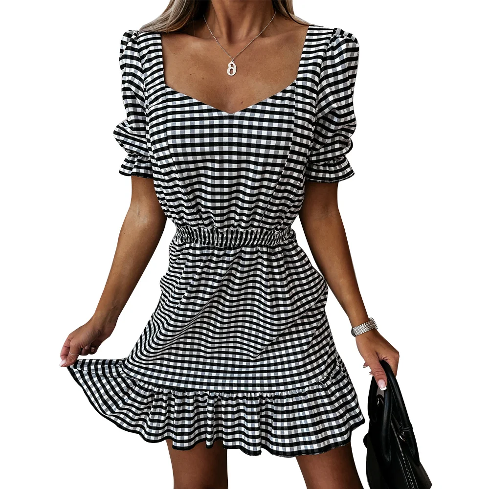 

Plaid Ruffle Fashion Summer Dress Square Neck Short Sleeve Solid Elastic Waist Casual Dresses Office Lady Work Sundress