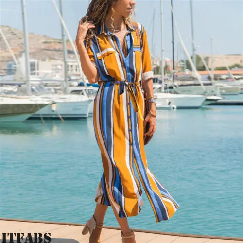 

New Hot Vintage Elegant Ladies Evening Party Beach Sundress Boho Summer Autumn Dress Women Casual Striped Long Dresses