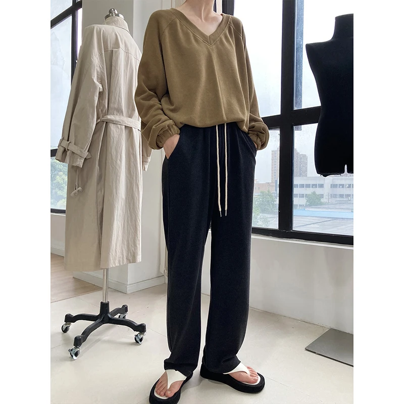 

LVOWE Spring And Autumn Soft German Velvet Brushed Wide-Leg pants Korean Elastic Waist Straight-Leg Casual Pants Women