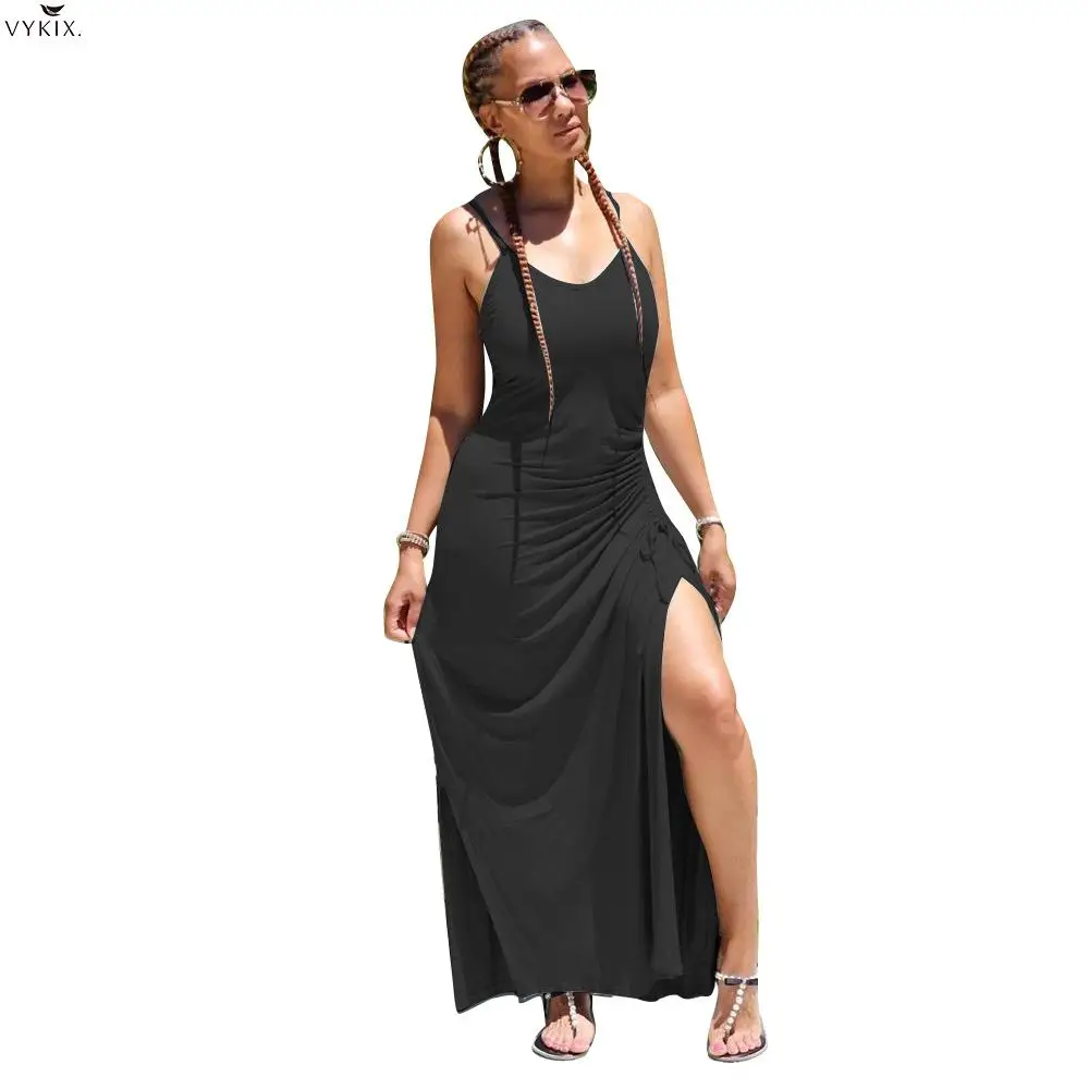 

2020 New Solid Women Stacked High Waist High Side Split Spaghetti Strap Sleeveless V-neck Maxi Dress Fashion Femme Long Dresses