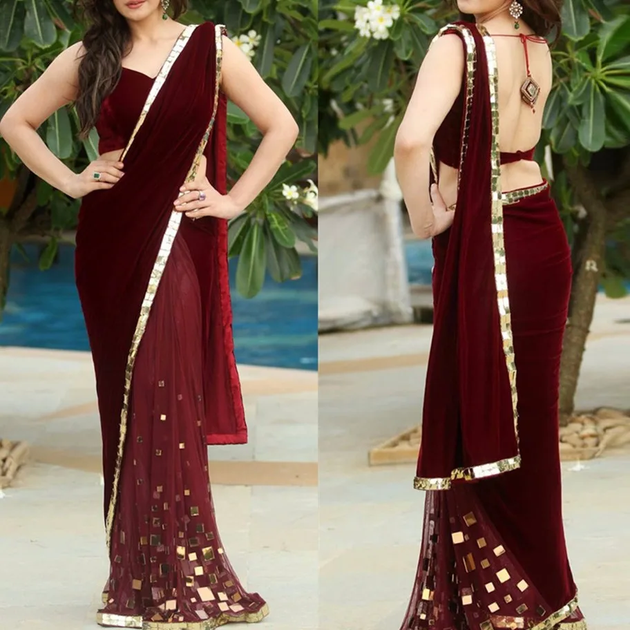 Burgundy Velour Saree Mermaid Evening Dresses 2022 Sexy Backless Long Prom Gowns V-neck India Party Dress Robe De Soiree