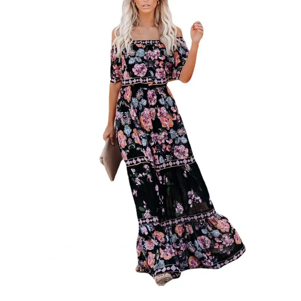 

New Summer Dress Floral Print High Waist Female Ladies Horizontal Shoulder Dress for Party