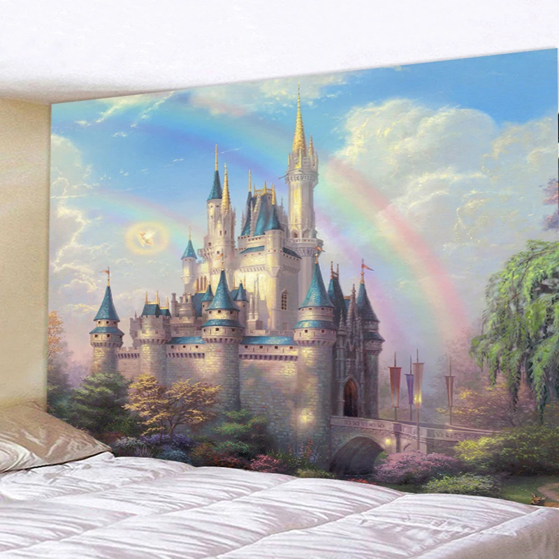 

Rainbow Castle In Fairy Tale Hippie Beach Throw Rug Carpet Bohemian Home Art Psychedelic Kids Bedroom Decor Wall Hanging