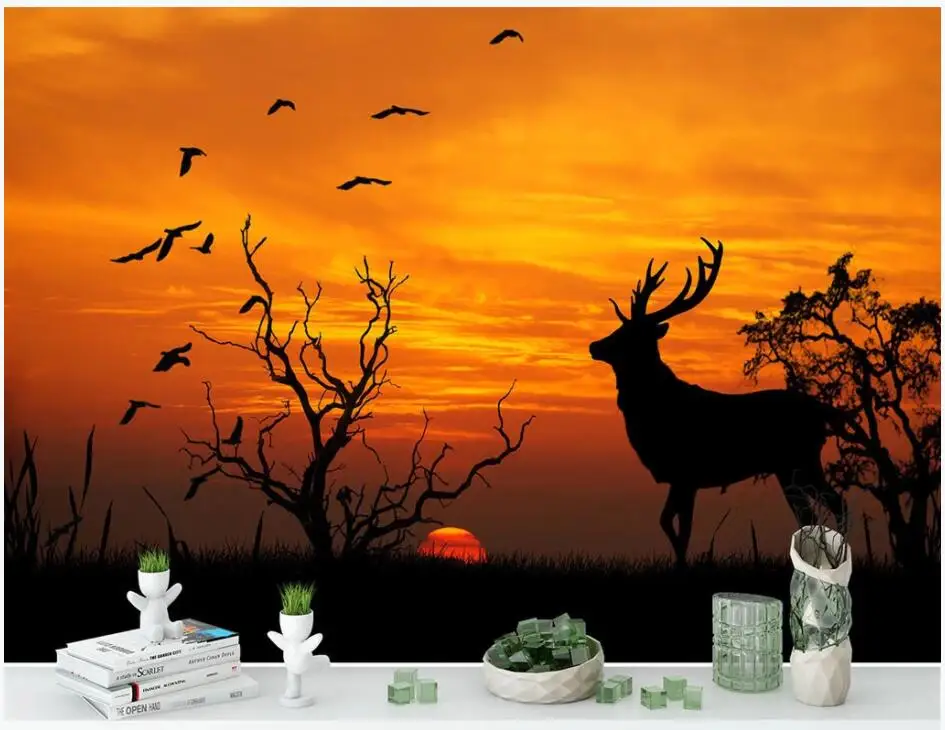 

WDBH Custom photo 3d wallpaper Beautiful sunset deer flying bird grassland living room 3d wall murals wallpaper for walls 3 d