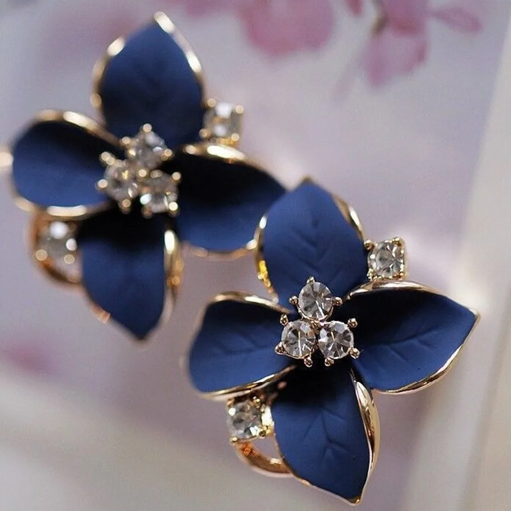 New Elegant Noble Zinc Alloy Earrings Blue Flower Crystal Camellia Ear Clip Ladies Earrings Pendant Jewelry Christmas Gift