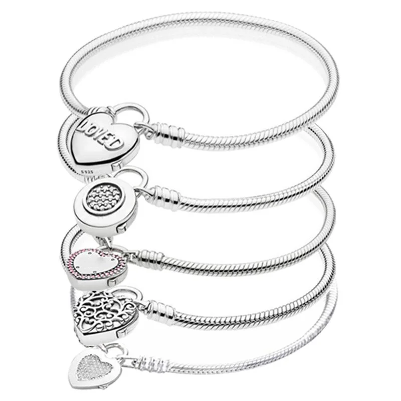 

100% 925 Sterling Silver Spring Button Type Heart-shaped Lock Buckle Pan Bracelet The Most Popular Diy Jewelry