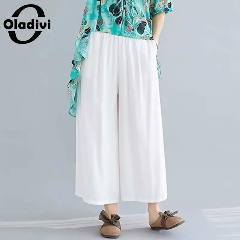 

Oladivi Plus Size Wide Leg Solid Color High Wasit Straight Pants Women Casual Loose Capris Pant Spring Summer 2021 New Trousers