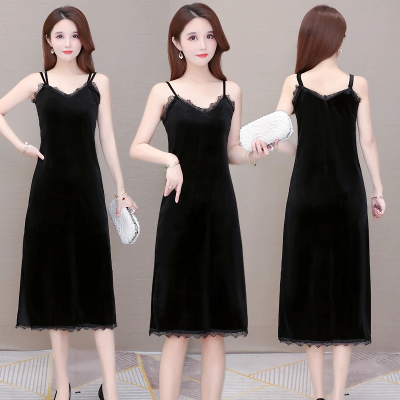 

Gold velvet vest underskirt women's straight bottoming skirt large size loose slim mid length suspender slip dress autumn winter