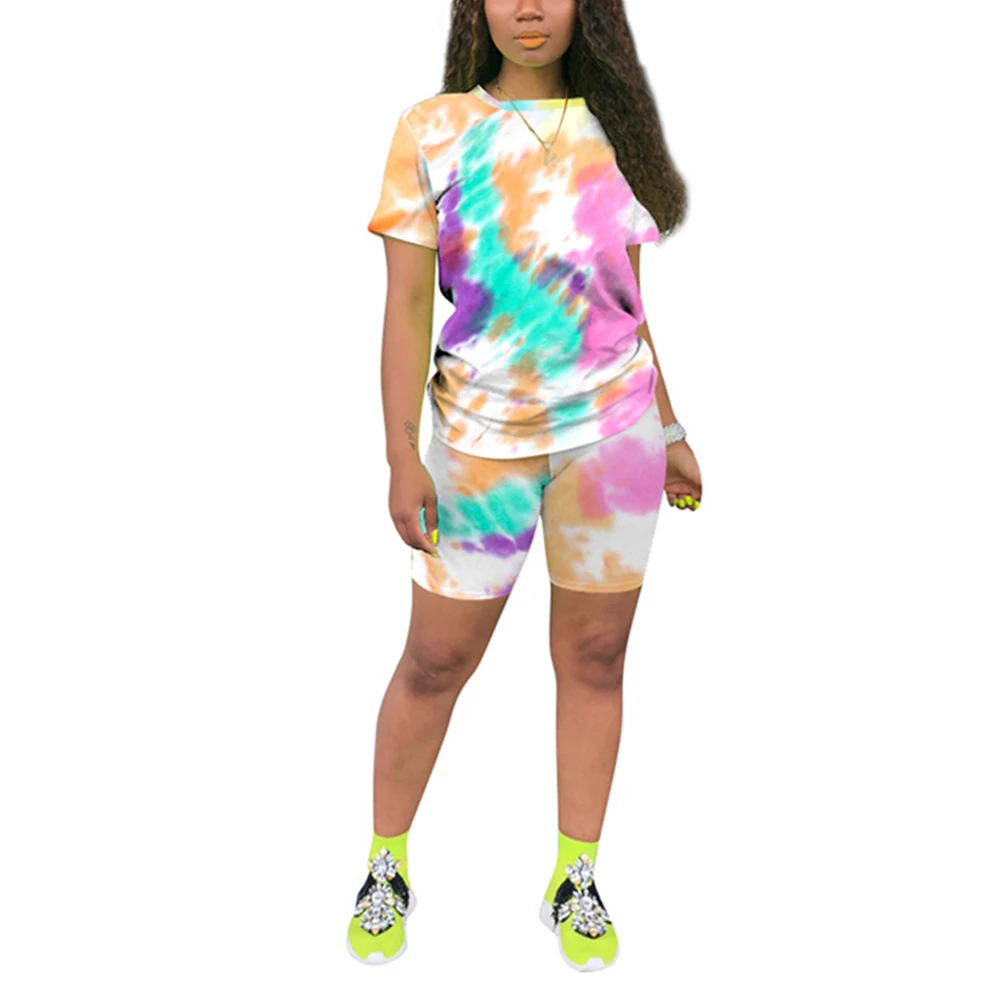 

Plus Size Lounge Wear Women Biker Shorts Set Tracksuit Two Piece Set Womens Matching Sets Tie Dye Clothing Sets Ladies Suits