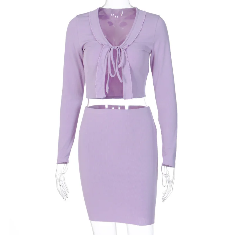 

Cutubly Tshirt Tracksuit Bandage Sexy Cardigan Skirt 2 Piece Set Outfits Autumn 2020 Ruffles Patchwork Women Fashion Streetwear