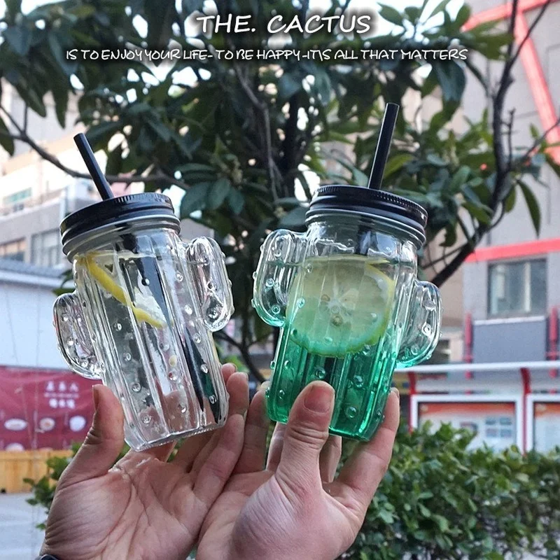 

Creative Cactus Style Water Bottles Transparent Jucier Glasses Milk Bottle with A Straw Big Size Handy Bottles