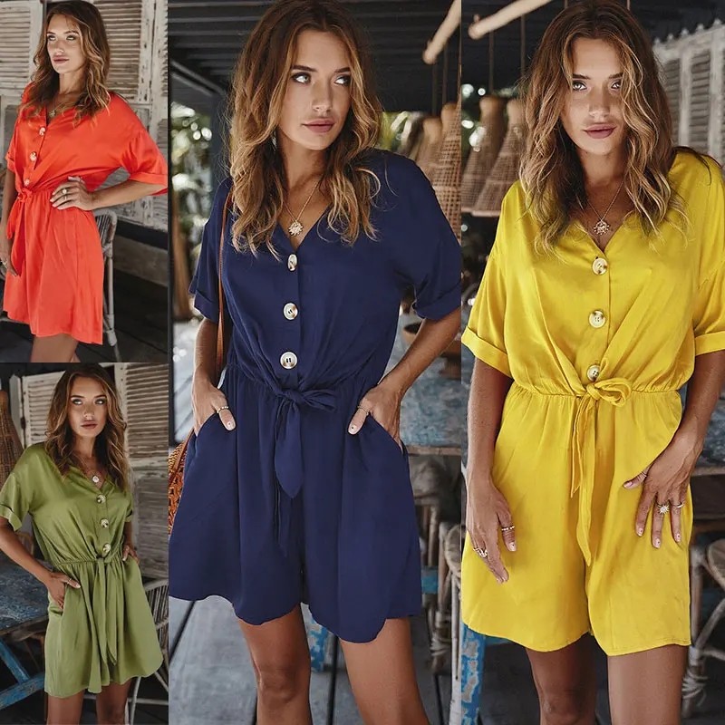 Женский Летний комбинезон с v-образным вырезом полурукавами и открытыми плечами