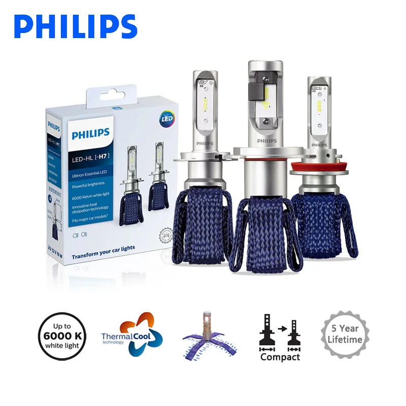 

Светодиодные лампы Philips H4, H7, H8, H11, H16, HB3, HB4, HIR2, 9005, 9006, 9012, Ultinon Essential, для автомобилей, мотоциклов, 6000 К, светильник