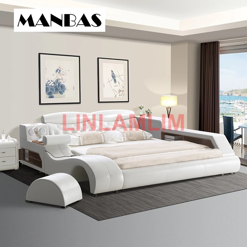 

MANBAS Genuine Leather multifunctional massage bed frame camas rectangle ultimate bed With storage Bluetooth speaker safe beds