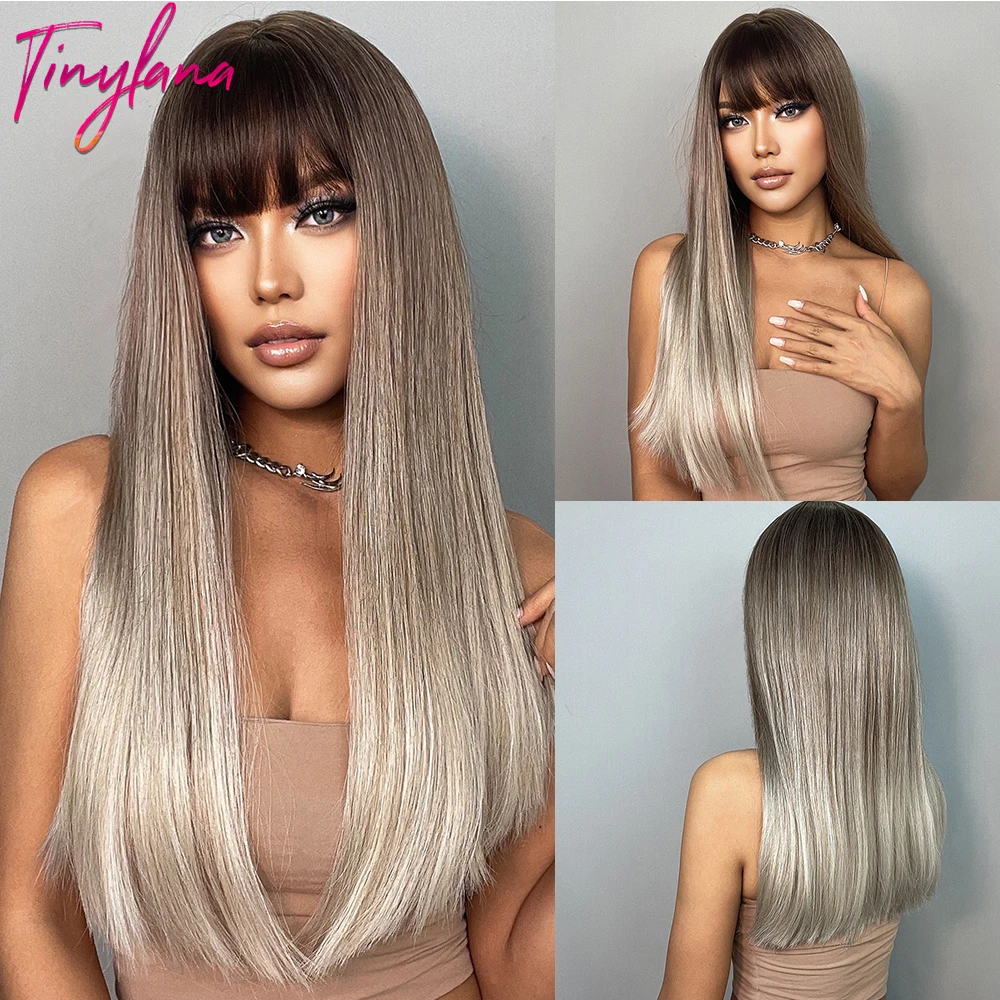 

Крошечные Синтетические длинные прямые парики Лана с челкой Омбре коричневый блонд хайлайтер парик для женщин термостойкие натуральные во...